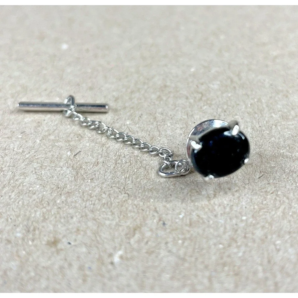 Vintage Black Stone Tie Tack Lapel Pin‎ Style Suit Accessory Silver Tone